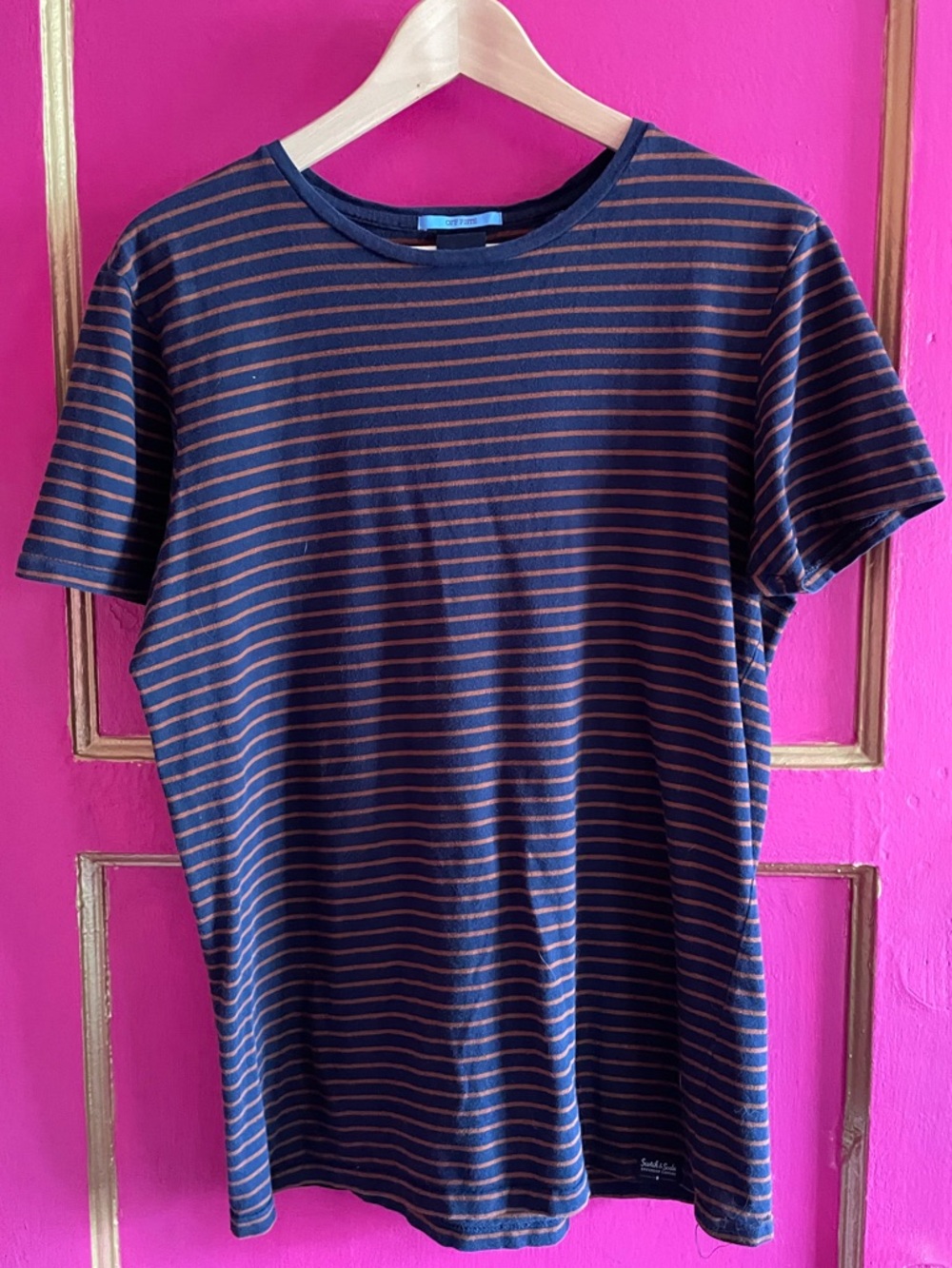 Scotch & Soda Off PisteMen's Navy and Brown Striped Crewneck T-Shirt size S